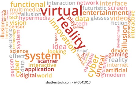 Virtual reality Word Cloud Text Illustration in shape of goggles. VR related  tags isolated vector. Transparent. 
