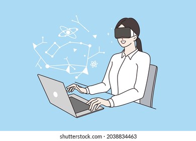 Virtual reality at work concept. Young smiling casual businesswoman sitting at laptop in office in virtual reality headset working in program vector illustration 