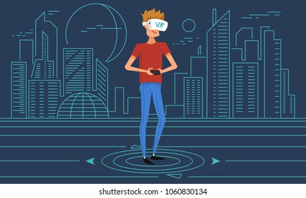 Virtual reality world. A boy wearing VR headset. Man using glasses for education and play a computer games. Modern technology. Simulation and portable gadget. banner for web page. neon city background