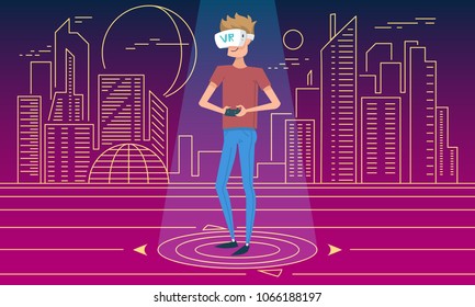 Virtual reality world. A boy wearing VR headset. Man using glasses for education and play a computer games. Modern technology. Simulation and portable gadget. banner for web page. neon city background