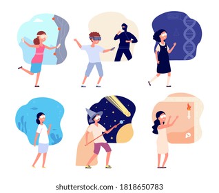 Virtual reality world. Children VR glasses, kids play and studying in augmented space. Travel, games and education video programs vector set