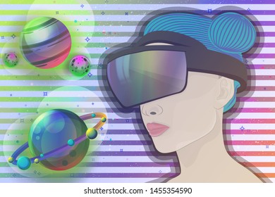 Virtual reality world. Girl with VR glasses. Colorful abstract background. Cosmos, planets and stars. Future technology. 