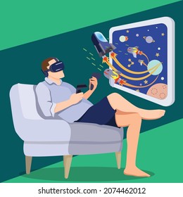 Virtual Reality Worlds, Man in virtual reality glasses on a futuristic technology background. Augmented reality, game, future technology concept. VR.