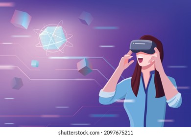 Virtual Reality Worlds Metaverse, Women in Virtual-Reality-Brille und Blockchain-Technologie-Hintergrund. kryptographische Hash- und Transaktionsdaten, Metaverse, ein Virtual World-Konzept. Vektorgrafik