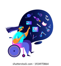 Virtual Reality.Disabled Handicapped Woman in Wheelchair Study,Wear VR Headset.Get Education.Future Technology Science, Diagrams, Space. Internet Online learn Help Pupil Teach.Flat vector illustration
