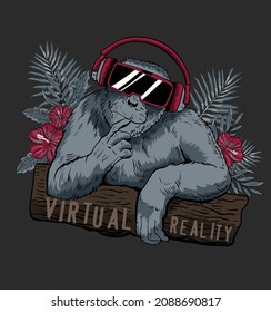 virtual reality.Funny monkey wearing virtual reality glasses and headphones. Vector illustration