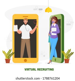 Diseño De Afiches Basado En Concepto De Contratación Virtual Con Ilustración De Empresarios Y Mujeres En Smartphone Separado En Fondo Blanco.