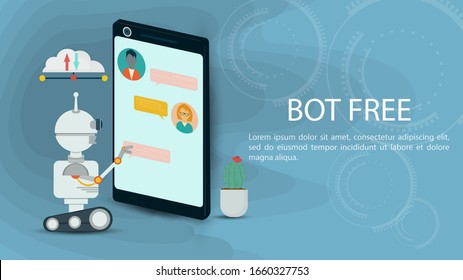 Robot virtual de referencia, en pistas clics en el teléfono, para aplicaciones web o móviles, concepto de inteligencia artificial, ilustración plana vectorial para el diseño, EPS 10