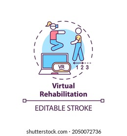 Symbol für virtuelles Rehabilitationskonzept. Rehabilitation Engineering Idee dünne Linie Illustration. Übungen zur Simulation virtueller Realität. Vektorgrafik einzeln Umriss RGB Farbzeichnung. Bearbeitbarer Hub