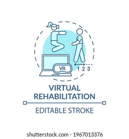 Virtual Rehabilitation Concept Icon. Rehab Engineering Idea Thin Line Illustration. Virtual Reality Simulation. Physiotherapy Practice. Vector Isolated Outline RGB Color Drawing. Editable Stroke