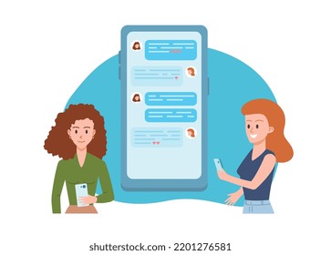 Relaciones virtuales y temas de comunicación con mujeres en pantalla de smartphone, ilustración vectorial de caricatura plana aislada en fondo blanco. Relaciones distantes en internet.