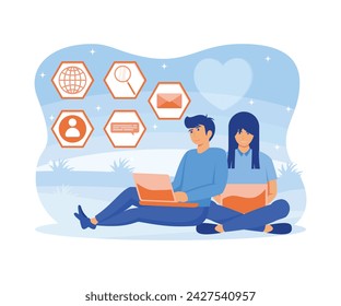 Virtual relationship concept. Online dating and communication. Young man and woman hold phone and write messages.  flat vector modern illustration 
