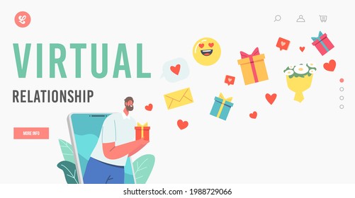 Virtual Relationship Landing Page Template. Online Date, Tiny Male Character on Huge Smartphone Screen Holding Gift Box in Hands Sending Messages via Internet. Cartoon People Vector Illustration