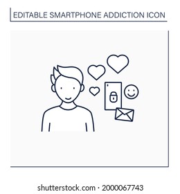 Virtual relationship line icon. Online love story. Pen pal relationships.Couple only in messengers. Smartphone addiction concept. Isolated vector illustration. Editable stroke