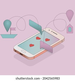 virtual relationship, long distance love and social networking concept. Internet communication. Mobile communication that brings people together. Vector 3d isometric illustration.