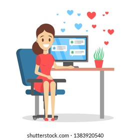 Virtual relationship and love dialog. Communication between people through network on the smartphone. Perfect match. Flat vector illustration