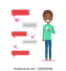 Virtual relationship and love dialog. Communication between people through network on the smartphone. Perfect match. Flat vector illustration