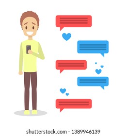 Virtual relationship and love dialog. Communication between people through network on the smartphone. Perfect match. Flat vector illustration