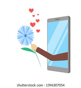 Virtual relationship and love dialog. Communication between people through network on the smartphone. Perfect match. Hand holding flower. Flat vector illustration
