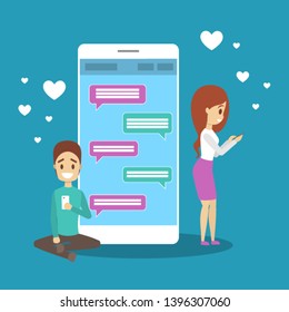 Virtual relationship and love dialog. Communication between people through network on the smartphone. Perfect match. Flat vector illustration