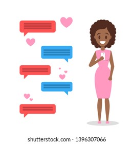 Virtual relationship and love dialog. Communication between people through network on the smartphone. Perfect match. Flat vector illustration