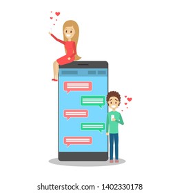 Virtual relationship and love dialog. Communication between people through network on the smartphone. Perfect match. Flat vector illustration