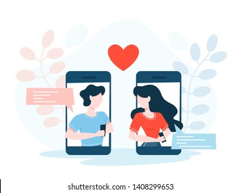 Virtual Relationship And Love Dialog. Communication Between People Through Network On The Smartphone. Perfect Match. Flat Vector Illustration