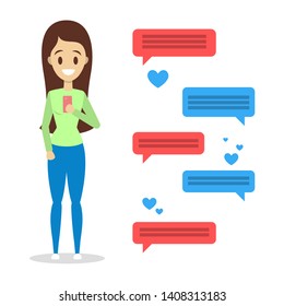 Virtual relationship and love dialog. Communication between people through network on the smartphone. Perfect match. Flat vector illustration
