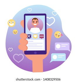 Virtual relationship and love dialog. Communication between people through network on the smartphone. Perfect match. Flat vector illustration
