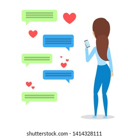 Virtual relationship and love dialog. Communication between people through network on the smartphone. Perfect match. Flat vector illustration