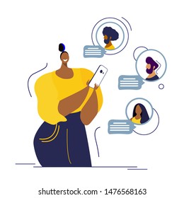 Virtual relationship and love dialog. Communication between people through network on the smartphone. Flat vector illustration