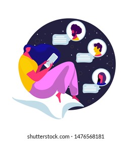 Virtual relationship and love dialog. Communication between people through network on the smartphone. Flat vector illustration