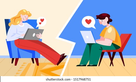 Virtual relationship and love dialog. Communication between people through network. Perfect match. Isolated flat vector illustration