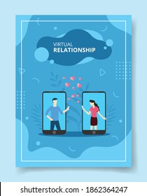 virtual relationship men women on display smartphone screen give flying heart for template of banners, flyer, books cover, magazines with liquid shape style