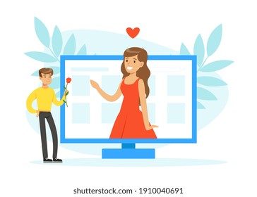 Virtual Relationships Concept, Couple Having Online Date, Talking and Spending Time Together, Social Distancing Vector Illustration