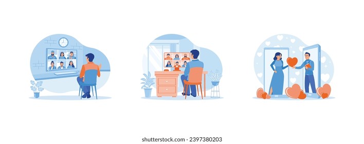 Virtual Relationships concept. Work from home concept—an online meeting of businessmen with colleagues. Man, you are talking to a female friend on the mobile phone screen. 