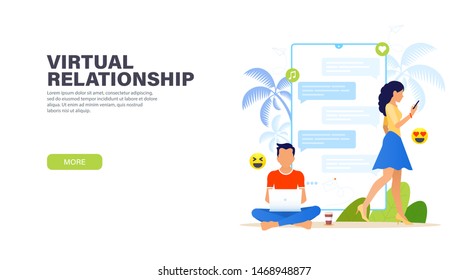 Virtual relationships. Handsome man sitting in lotus position with laptop and chatting with pretty woman with phone. Dating app and virtual relationship. Vector modern landing page.