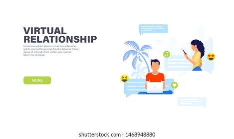 Virtual relationships. Handsome man sitting in lotus position with laptop and chatting with pretty woman with phone. Dating app and virtual relationship. Vector modern landing page.