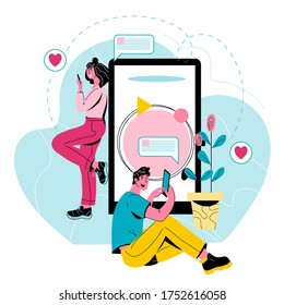 Virtual relationships and internet dating chat - man and woman using mobile phone for chatting and messaging. Cartoon vector illustration in trendy style isolated.