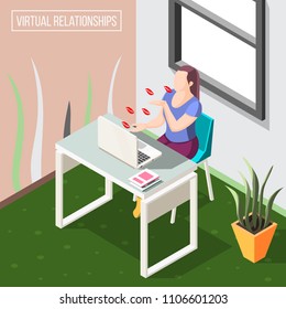 Virtual relationships isometric background with woman sending air kisses by video camera on laptop vector illustration 