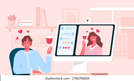 Virtual relationships. Online date during quarantine and self-isolation, woman talking and drinking wine with her partner via video chat, virtual relationship while distancing, man and woman in love.