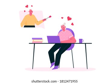 Virtuelle Beziehungen. Online-Datum während der Quarantäne . Senior Paar chattet online, trifft sich bei Dating app, redet per Video-Chat. Alter Mann und verliebte Frau. Vektorflache Cartoon-Illustration.