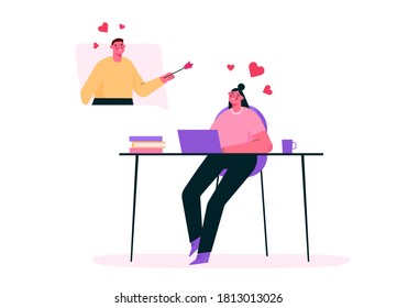 Virtual relationships. Online date during quarantine and self-isolation. Couple chatting online, meeting at dating app, talking via video chat. Man and woman in love. Vector flat cartoon illustration.