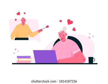 Virtual relationships. Online date during quarantine . Senior couple chatting online, meeting at dating app, talking via video chat. Old man and woman in love. Vector flat cartoon illustration.