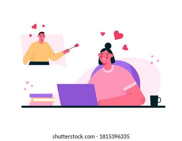 Virtual relationships. Online date during quarantine and self-isolation. Couple chatting online, meeting at dating app, talking via video chat. Man and woman in love. Vector flat cartoon illustration.