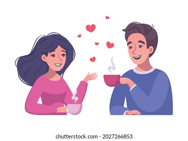 Virtual relationships online dating cartoon composition with couple having date with coffee cups and hearts vector illustration