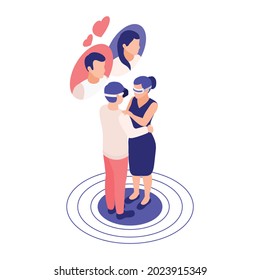 Virtual relationships online dating isometric composition with embracing couple wearing vr glasses vector illustration