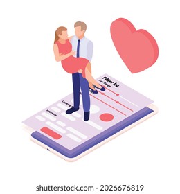 Virtuelle Beziehungen online Dating isometrische Zusammensetzung mit Mann halten Frau in Arm auf Smartphone-Bildschirm Vektorgrafik