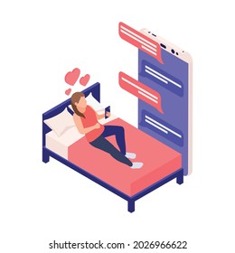 Virtual relationships online dating isometric composition with girl lying in bed chatting with lover in smartphone app vector illustration