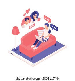 Virtual relationships online dating isometric composition with man sitting on sofa with laptop and partners avatars vector illustration